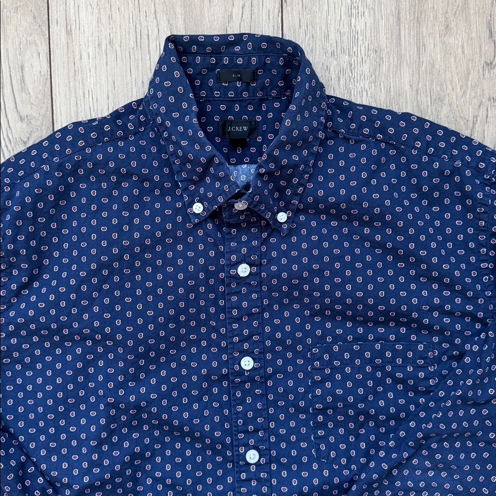 J Crew Slim Fit Navy Paisley Button Down Shirt Men Large Cotton Casual Preppy - Picture 2 of 10
